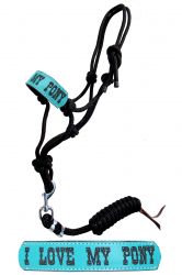 Showman Pony size rope halter with turquoise leather noseband with "I love My Pony"